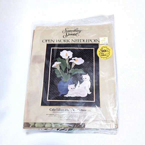 Vintage Something Special Open-Work Needlepoint Cala Lilies and Cats 14" x 18" - Picture 1 of 2